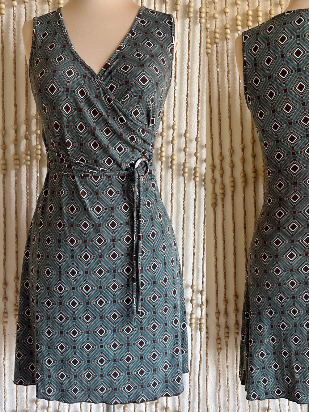 Ruby Rox Vintage Y2K Teal Brown Geometric Wrap Waist Tie Stretch Boho Twee Dress